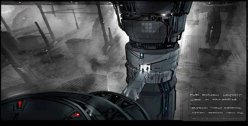 Illustration for article titled Breathtaking Concept Art of Elysium's Spaceship Hangar and Robot Deck